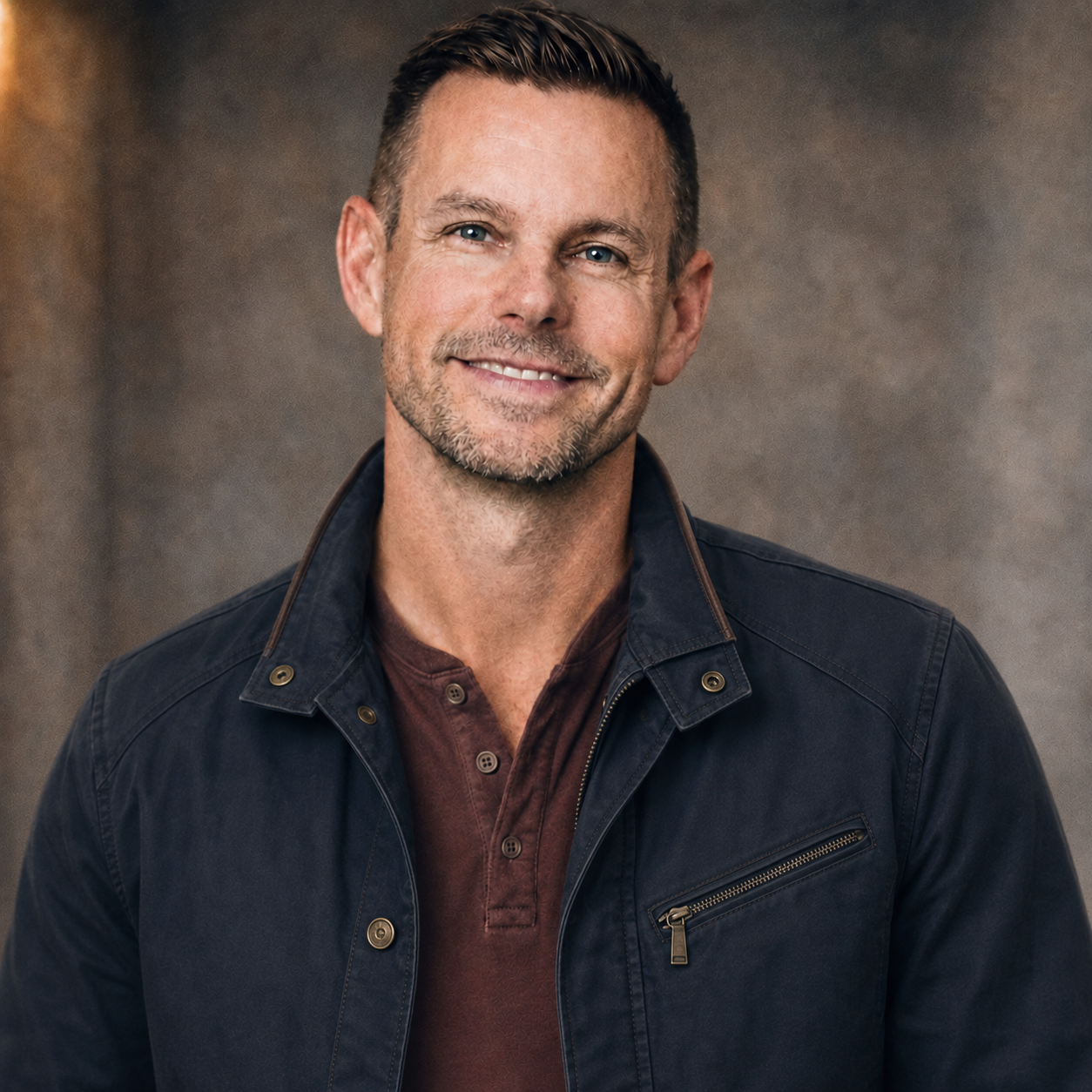 Scott Robb in a deep navy artist jacket and burgundy henley
